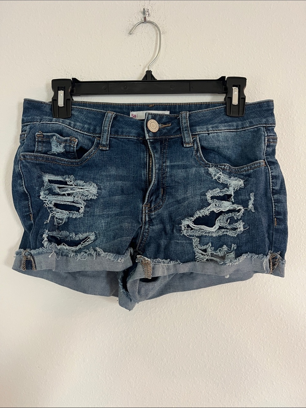 SO Distressed Low Rise Favorite Shortie Jean Shorts